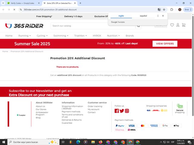 365 Rider checkout page showing 365 Rider promo code box | Screenshot taken by SimplyCodes community member on Aug 13, 2025
