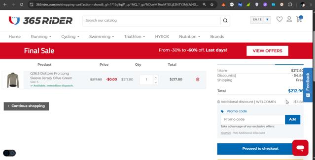 365 Rider checkout page showing 365 Rider promo code box | Screenshot taken by SimplyCodes community member on Sep 1, 2025