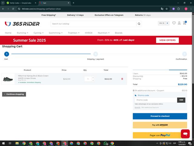 365 Rider checkout page showing 365 Rider promo code box | Screenshot taken by SimplyCodes community member on Aug 13, 2025