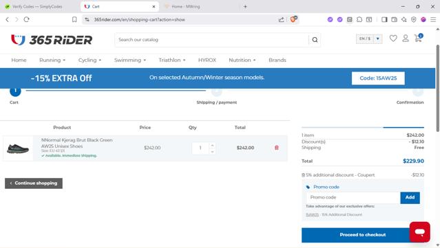 365 Rider checkout page showing 365 Rider promo code box | Screenshot taken by SimplyCodes community member on Sep 11, 2025