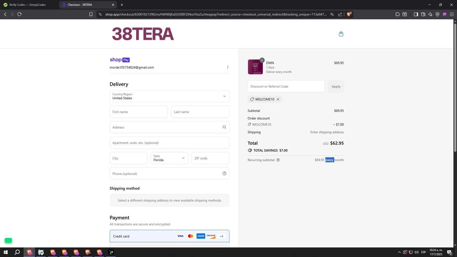 38TERA discount code screenshot showing code WELCOME10 applied at 38TERA checkout page. Uploaded by SimplyCodes community member kkkkkkkkkkkkkkkkkkkk on Jul 17, 2025