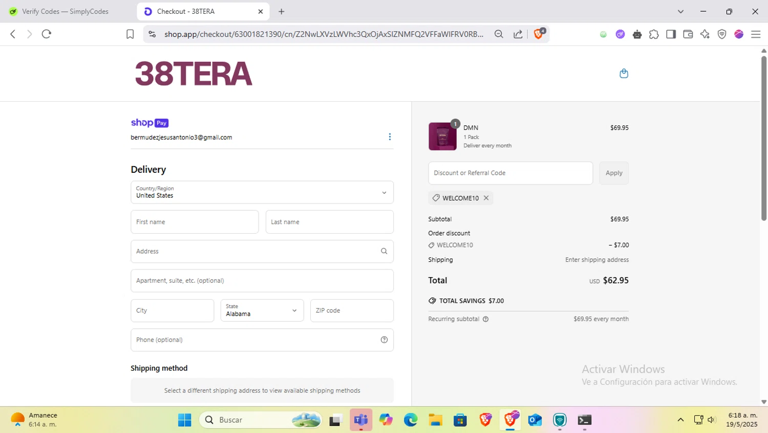 38TERA discount code screenshot showing code WELCOME10 applied at 38TERA checkout page. Uploaded by SimplyCodes community member SapeGato on May 19, 2025