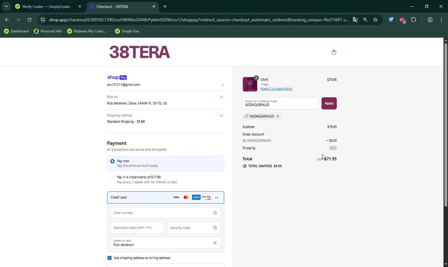 38TERA discount code screenshot showing code ADDAQUERALES applied at 38TERA checkout page. Uploaded by SimplyCodes community member LHaunter on Jul 19, 2025