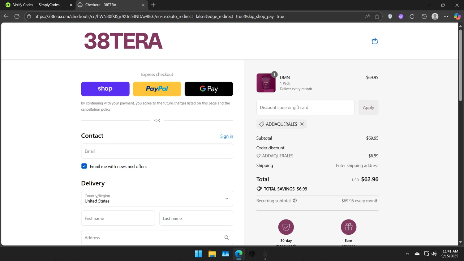 38TERA discount code screenshot showing code ADDAQUERALES applied at 38TERA checkout page. Uploaded by SimplyCodes community member TheJoyBoy on Sep 15, 2025