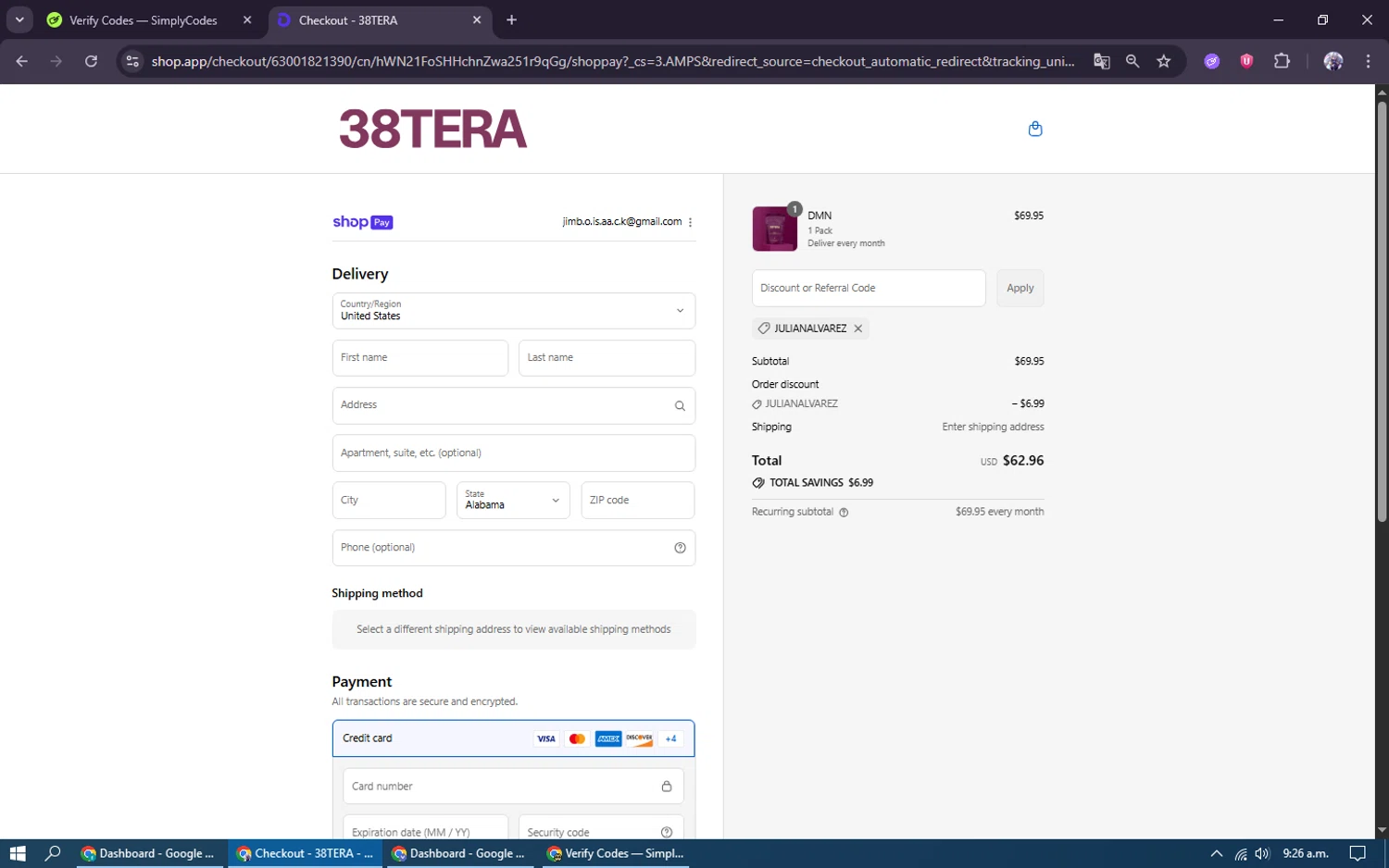 38TERA discount code screenshot showing code JULIANALVAREZ applied at 38TERA checkout page. Uploaded by SimplyCodes community member kakarotto on Aug 20, 2025