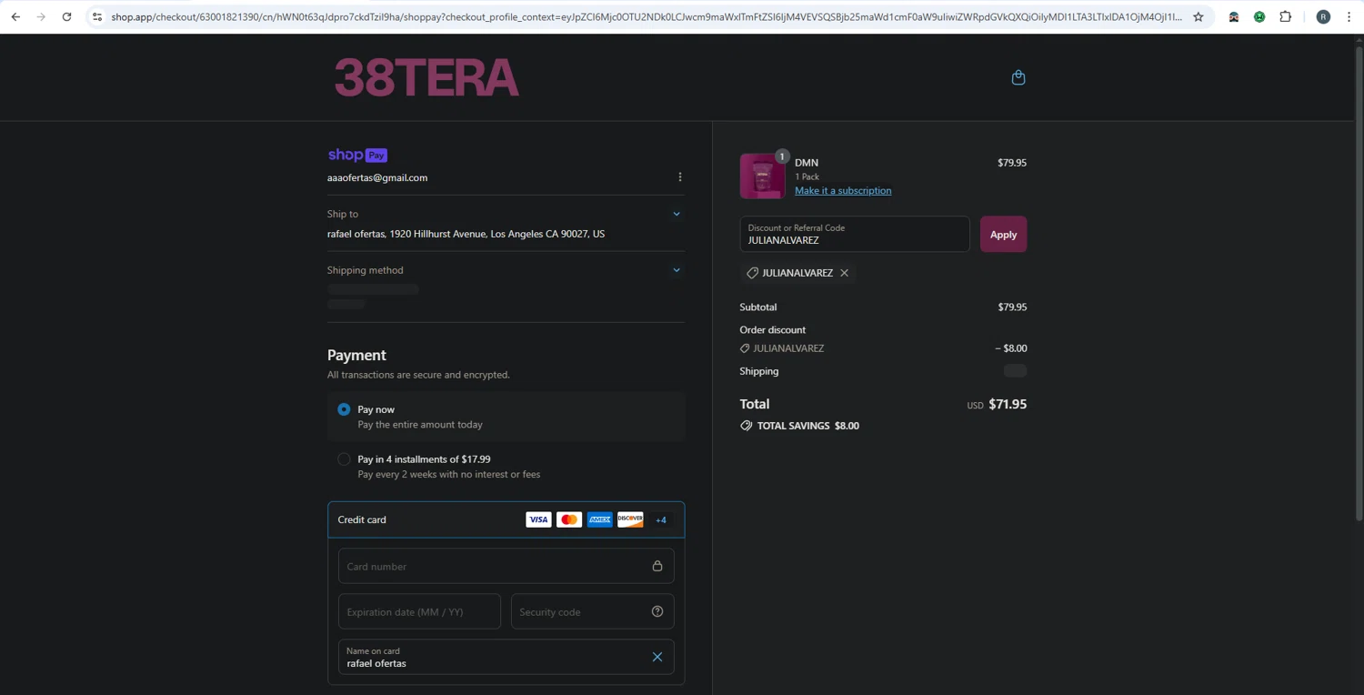38TERA discount code screenshot showing code JULIANALVAREZ applied at 38TERA checkout page. Uploaded by SimplyCodes community member rafaelmarquez on Jul 21, 2025
