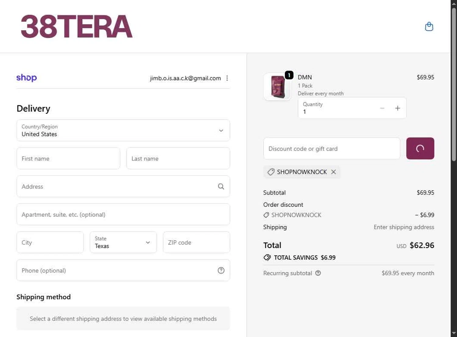 38TERA discount code screenshot showing code shopnowknock applied at 38TERA checkout page. Uploaded by SimplyCodes community member LOgoter on Jan 27, 2026