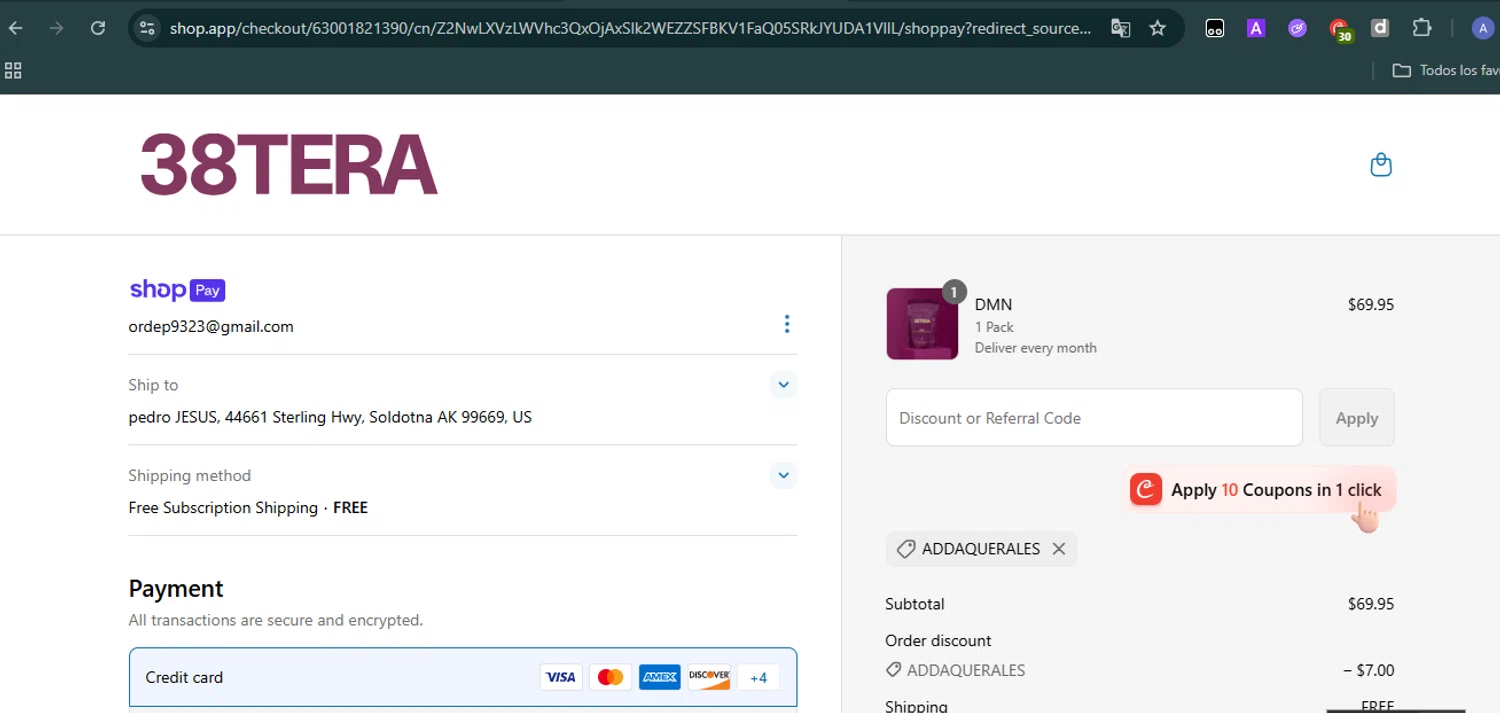 38TERA discount code screenshot showing code ADDAQUERALES applied at 38TERA checkout page. Uploaded by SimplyCodes community member Carolina23 on Jun 20, 2025