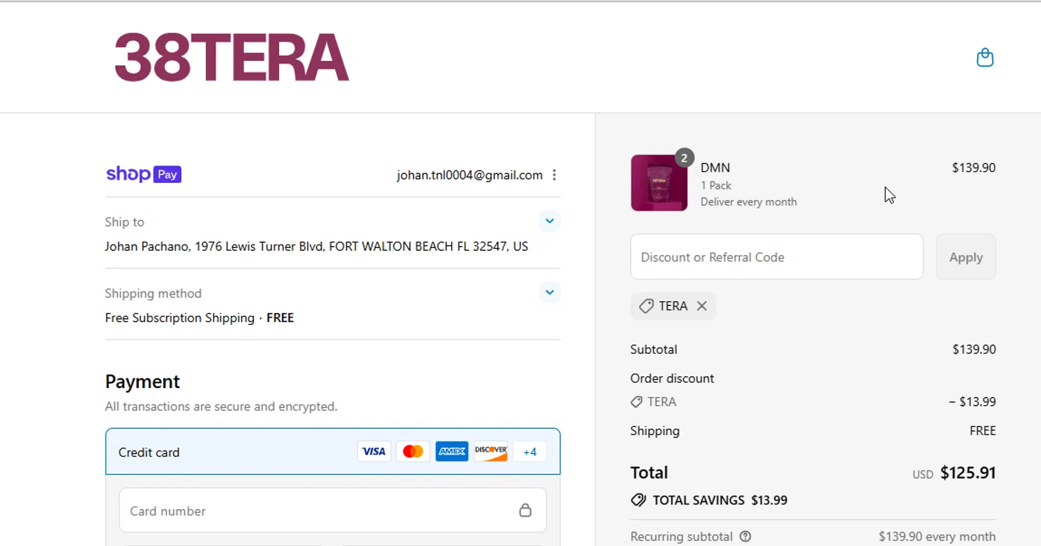 38TERA discount code screenshot showing code TERA applied at 38TERA checkout page. Uploaded by SimplyCodes community member RewardMonarch5847 on Aug 9, 2025