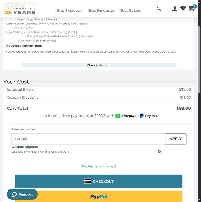 39DollarGlasses.com checkout page showing 39DollarGlasses.com promo code box | Screenshot taken by SimplyCodes community member on Jul 7, 2025