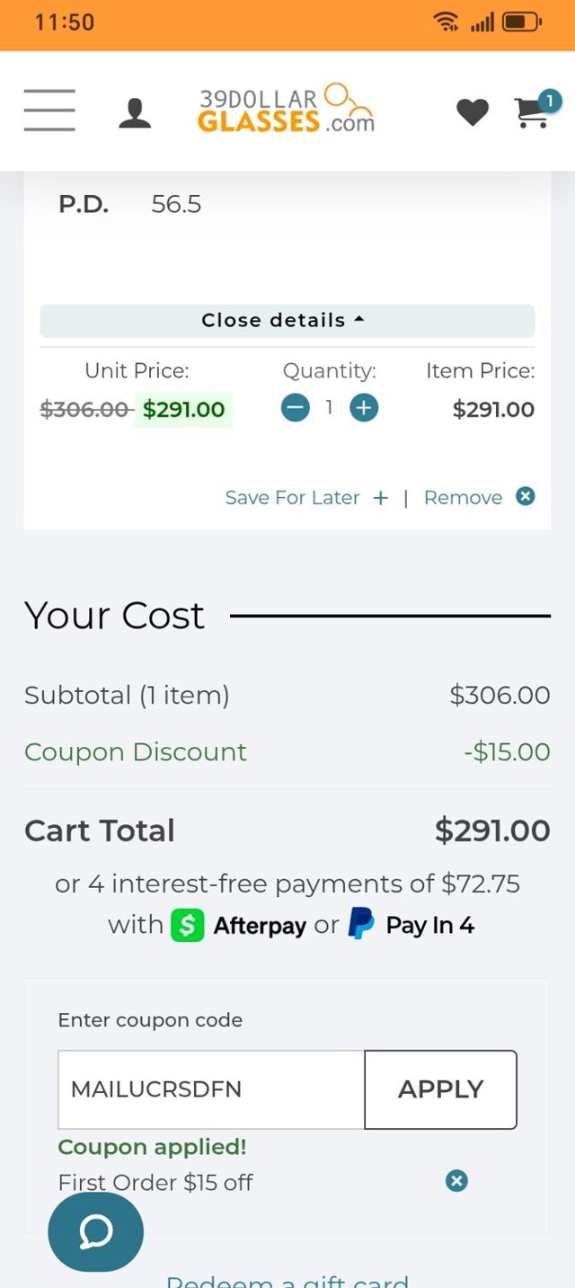 39DollarGlasses.com checkout page showing 39DollarGlasses.com promo code box | Screenshot taken by SimplyCodes community member on Jul 7, 2025