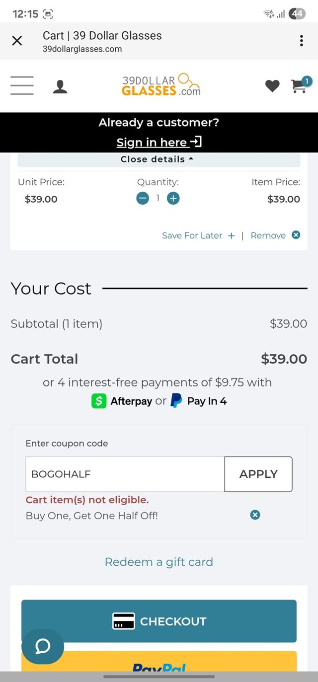 39DollarGlasses.com checkout page showing 39DollarGlasses.com promo code box | Screenshot taken by SimplyCodes community member on Jun 12, 2025