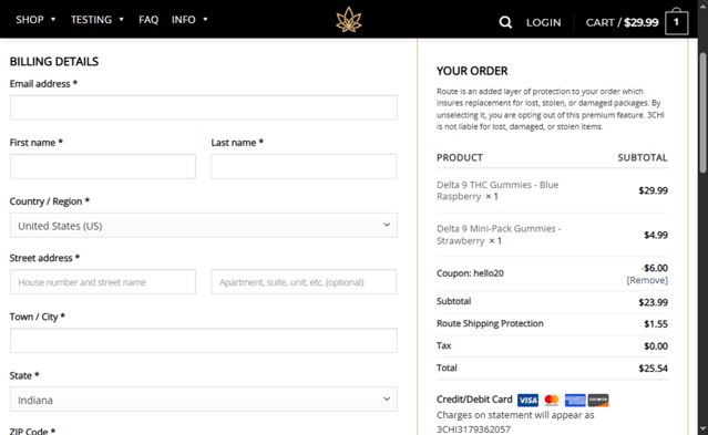 3Chi checkout page showing 3Chi coupon code box | Screenshot taken by SimplyCodes community member on Sep 7, 2025