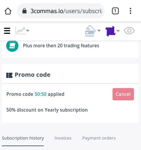 3Commas checkout page showing 3Commas promo code box | Screenshot taken by SimplyCodes community member on Apr 26, 2021