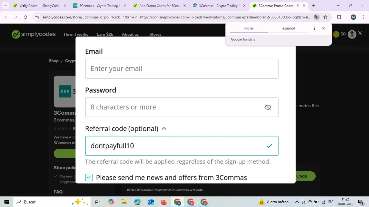 3Commas checkout page showing 3Commas promo code box | Screenshot taken by SimplyCodes community member on Jan 30, 2025