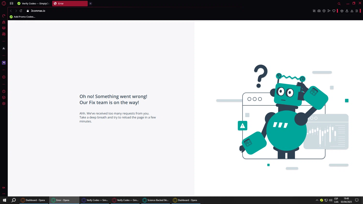 3Commas promo code screenshot showing code tc854174 applied at 3Commas checkout page. Uploaded by SimplyCodes community member SavvyScholar995 on Apr 3, 2025