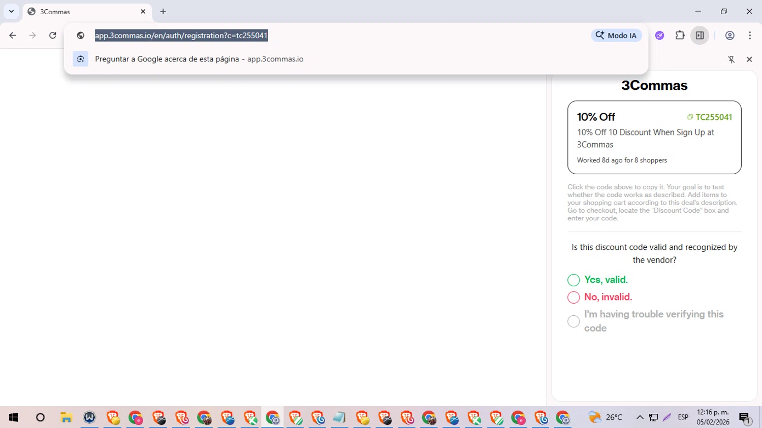 3Commas promo code screenshot showing code tc255041 applied at 3Commas checkout page. Uploaded by SimplyCodes community member QuestOwl6864 on Feb 5, 2026
