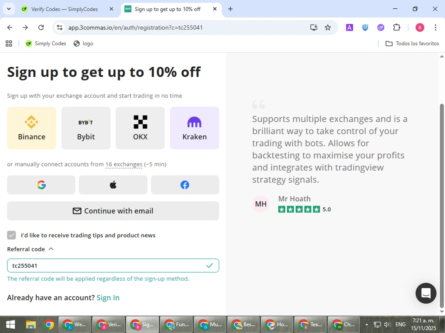 3Commas promo code screenshot showing code tc255041 applied at 3Commas checkout page. Uploaded by SimplyCodes community member bombontropical on Nov 15, 2025