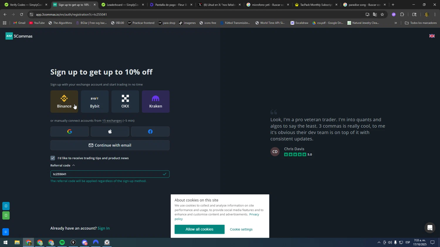 3Commas promo code screenshot showing code tc255041 applied at 3Commas checkout page. Uploaded by SimplyCodes community member kakakakakka on Oct 17, 2025