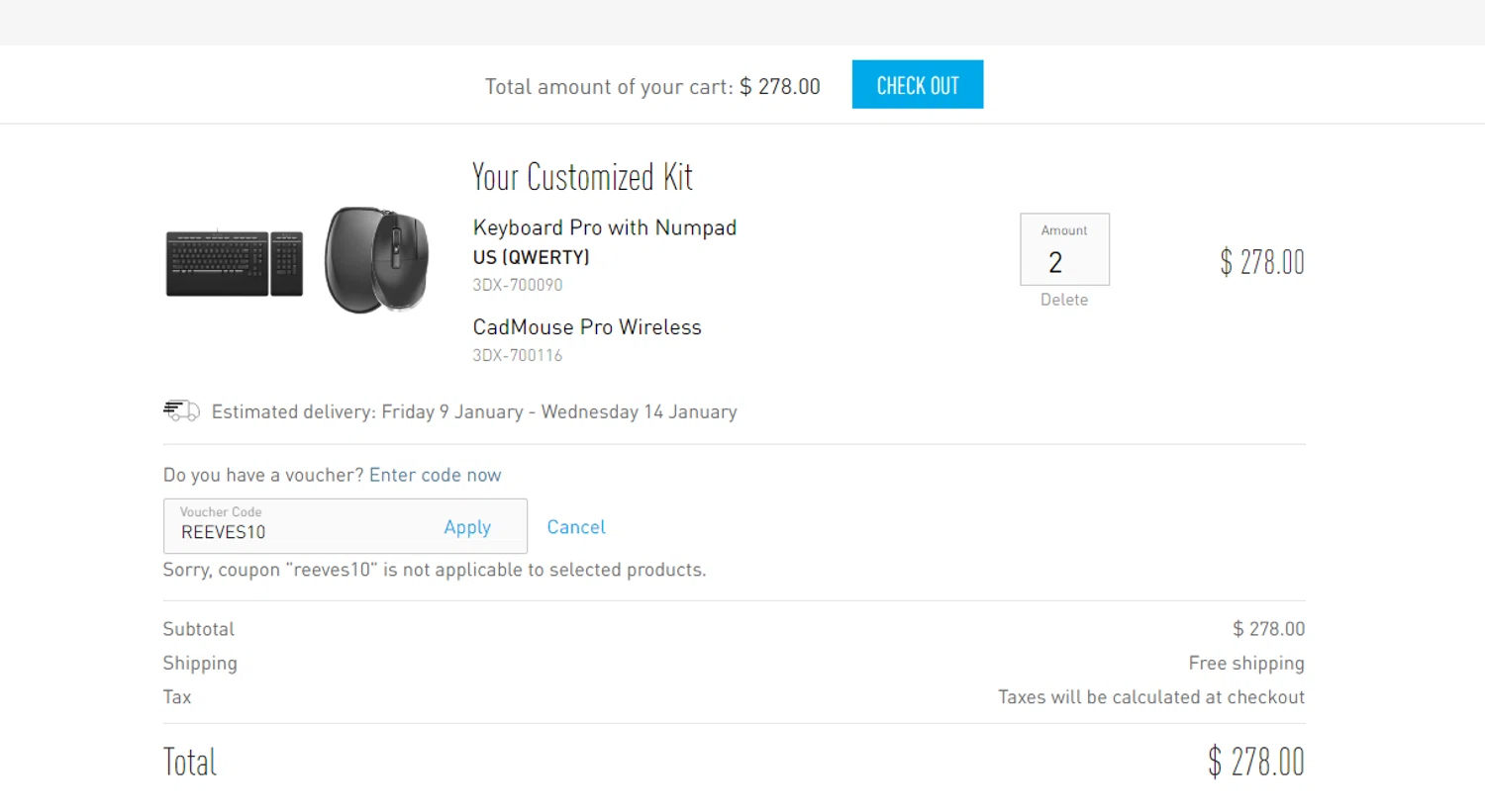 3Dconnexion promo code screenshot showing code REEVES10 applied at 3Dconnexion checkout page. Uploaded by SimplyCodes community member SavvyHawk656 on Jan 7, 2026