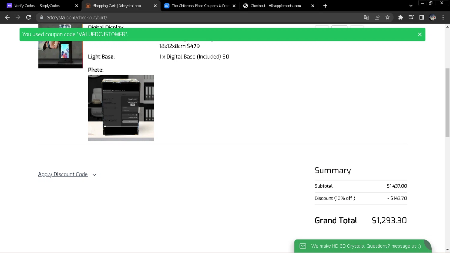 3D Crystal checkout page showing 3D Crystal discount code box | Screenshot taken by SimplyCodes community member on Feb 25, 2024