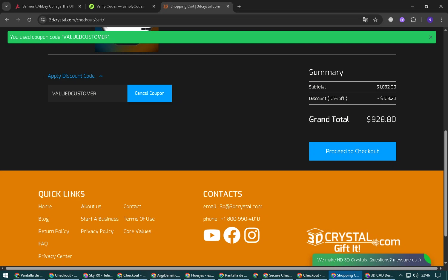 3D Crystal discount code screenshot showing code VALUEDCUSTOMER applied at 3D Crystal checkout page. Uploaded by SimplyCodes community member Epa_yava on Dec 9, 2025