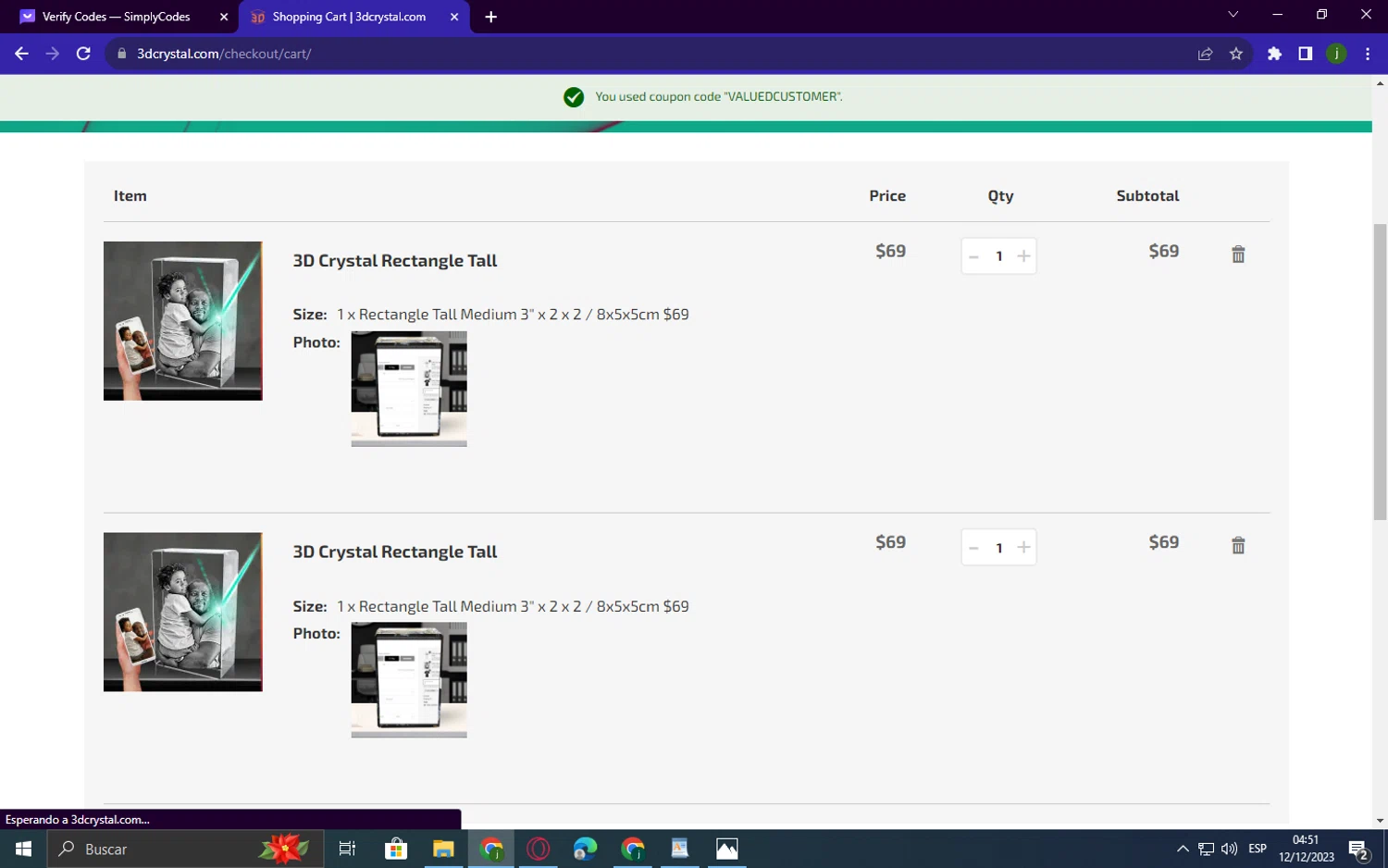 3D Crystal checkout page showing 3D Crystal discount code box | Screenshot taken by SimplyCodes community member on Dec 12, 2023