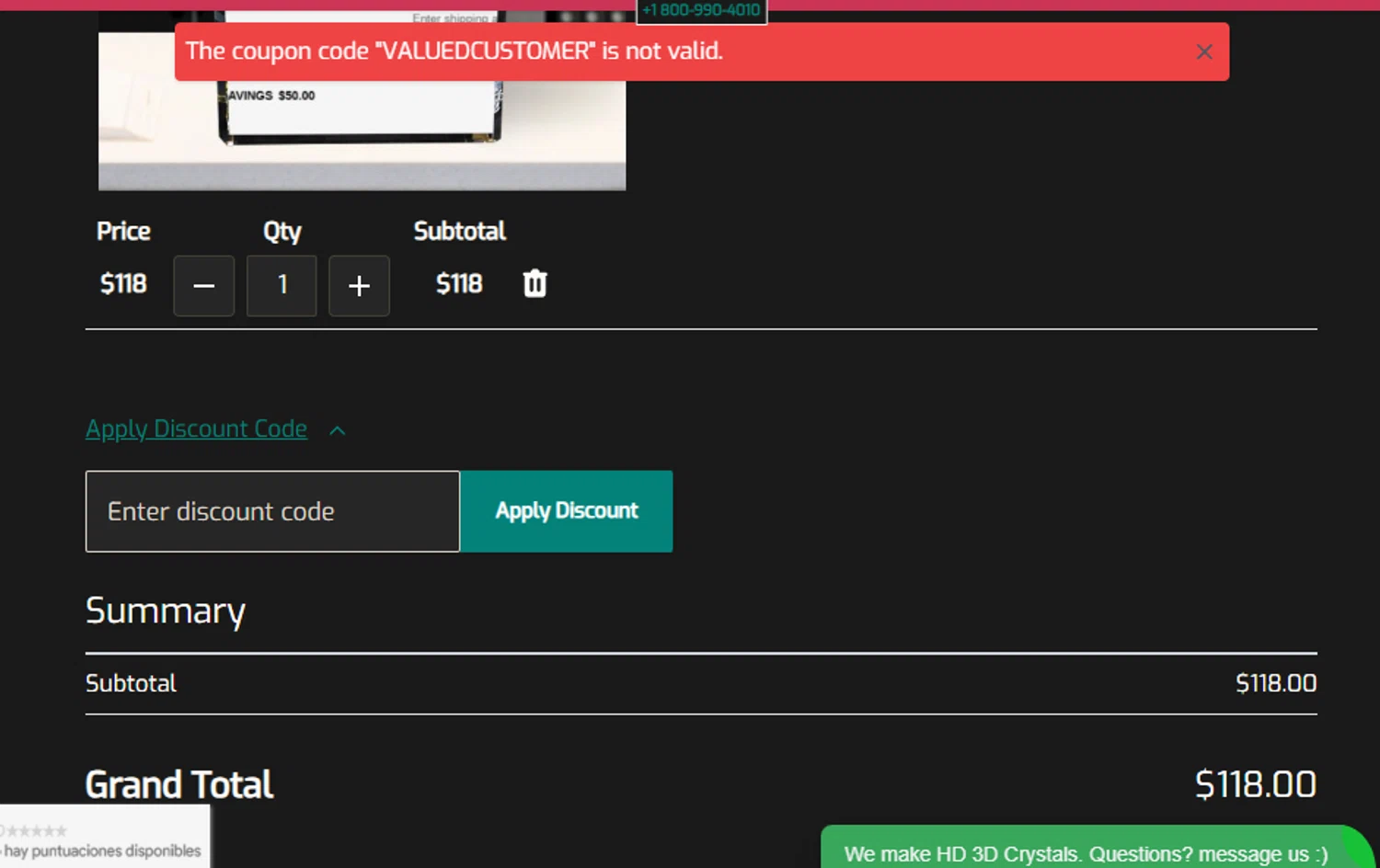 3D Crystal discount code screenshot showing code VALUEDCUSTOMER applied at 3D Crystal checkout page. Uploaded by SimplyCodes community member CrownSleuth7125 on Jan 6, 2025