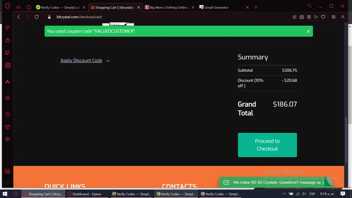 3D Crystal checkout page showing 3D Crystal discount code box | Screenshot taken by SimplyCodes community member on Apr 23, 2024