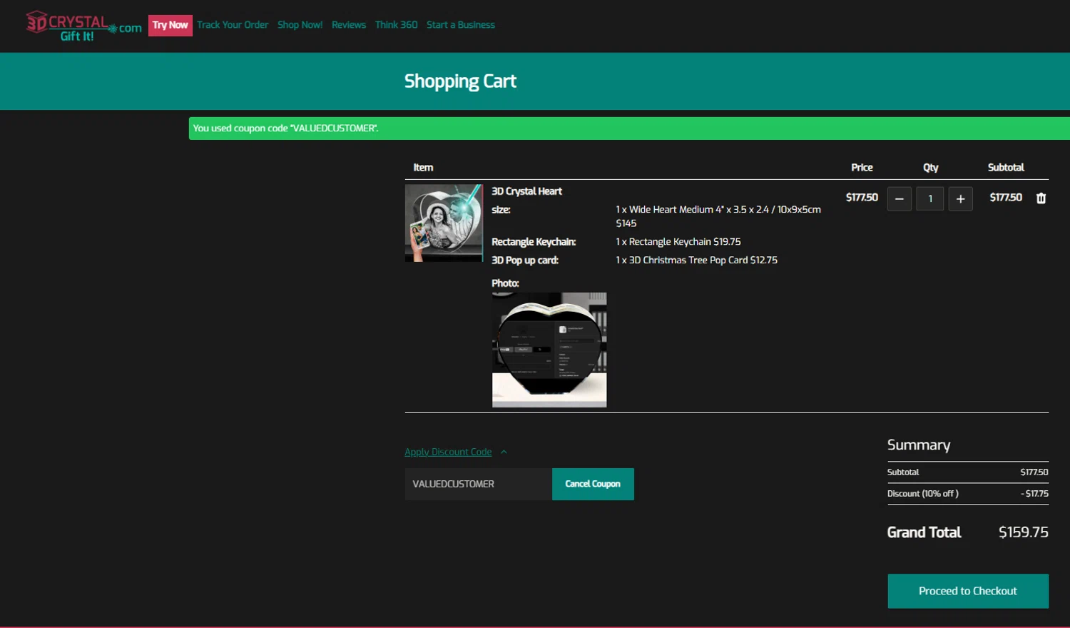 3D Crystal discount code screenshot showing code VALUEDCUSTOMER applied at 3D Crystal checkout page. Uploaded by SimplyCodes community member idkxxx on Jul 11, 2025