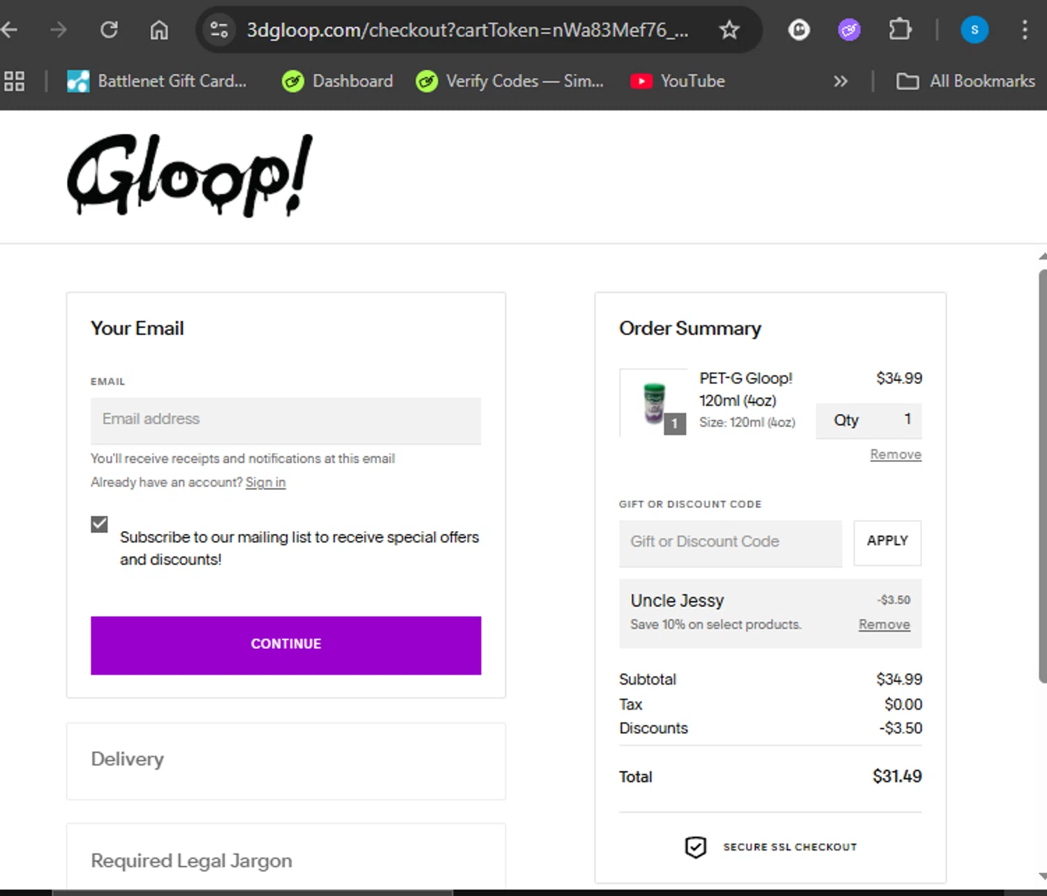 3D Gloop! discount code screenshot showing code UNCLEJESSY applied at 3D Gloop! checkout page. Uploaded by SimplyCodes community member Giyuuu on Aug 26, 2025