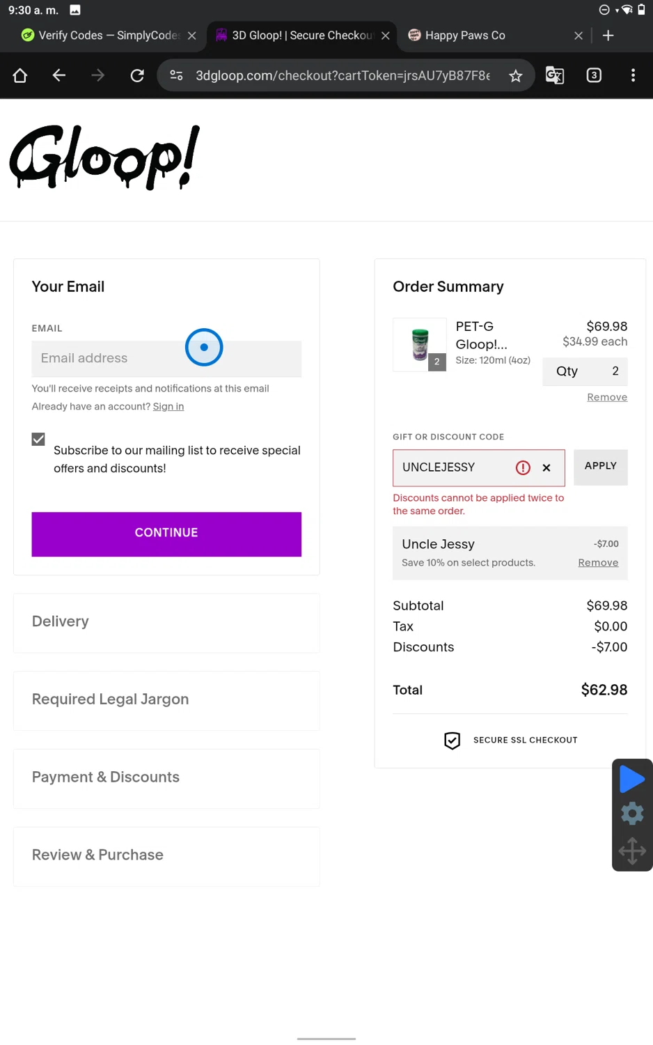 3D Gloop! discount code screenshot showing code UNCLEJESSY applied at 3D Gloop! checkout page. Uploaded by SimplyCodes community member SmartWhiz9028 on Sep 24, 2025