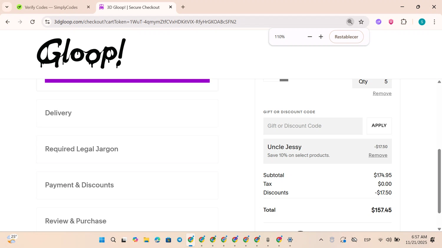 3D Gloop! discount code screenshot showing code UNCLEJESSY applied at 3D Gloop! checkout page. Uploaded by SimplyCodes community member TreasureEagle4642 on Nov 21, 2025