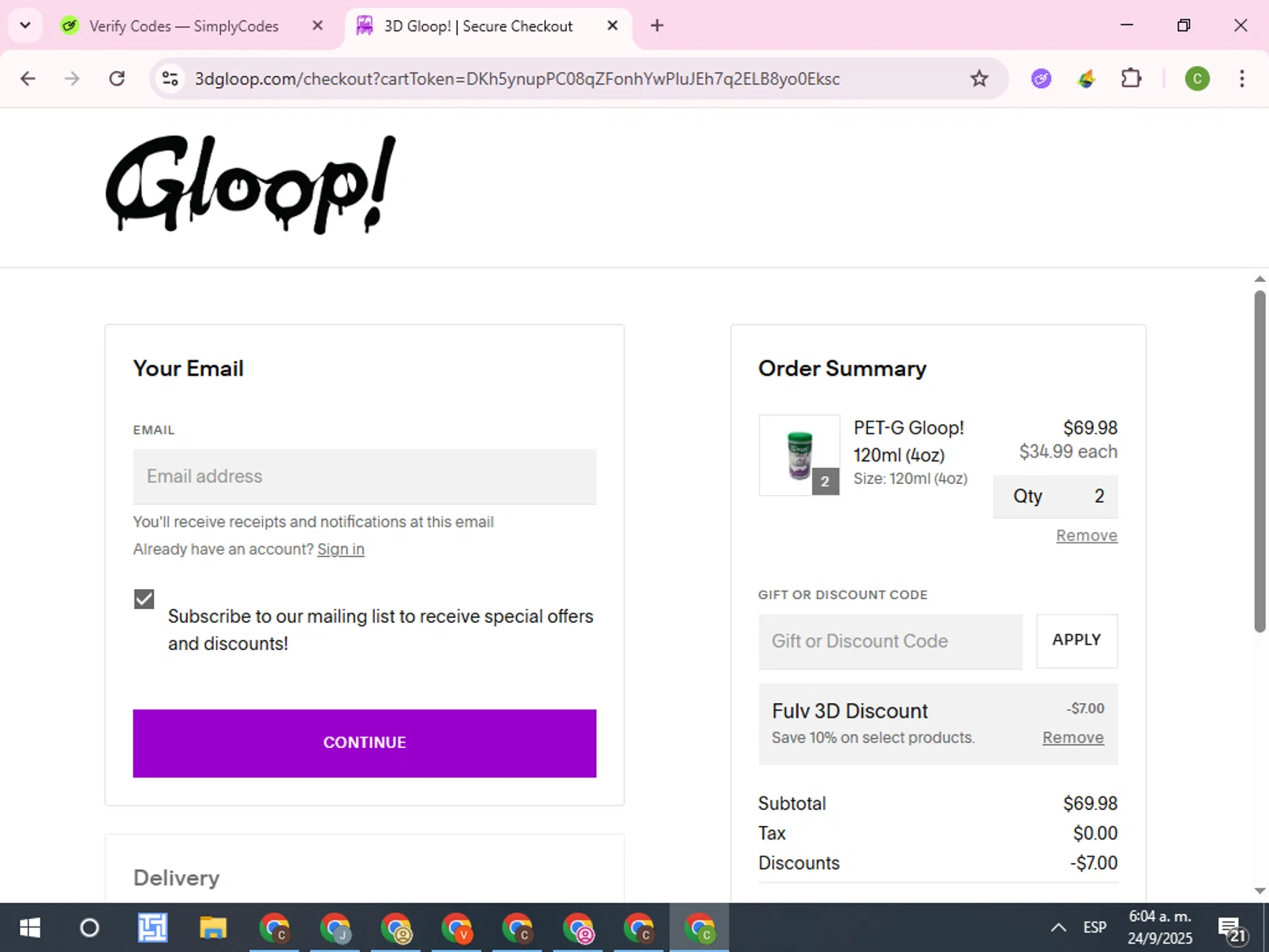 3D Gloop! discount code screenshot showing code FULV applied at 3D Gloop! checkout page. Uploaded by SimplyCodes community member RoyalKnight4673 on Sep 24, 2025