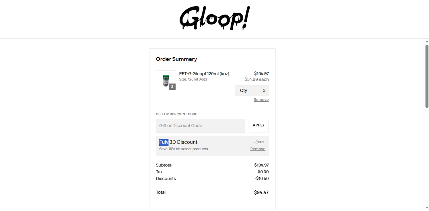 3D Gloop! discount code screenshot showing code FULV applied at 3D Gloop! checkout page. Uploaded by SimplyCodes community member Xiooh292929 on Nov 21, 2025
