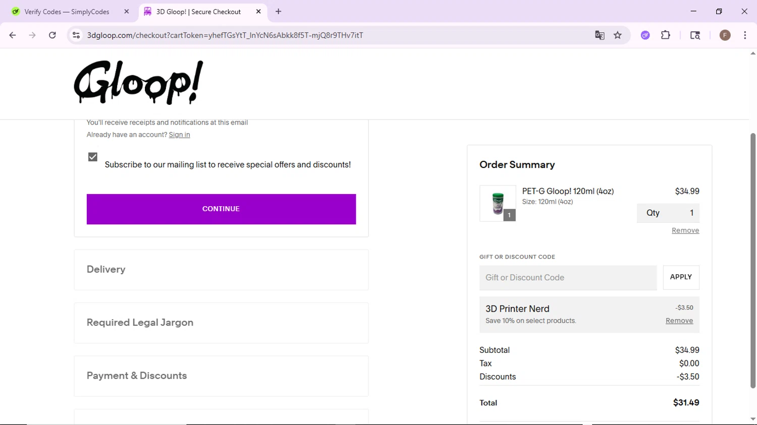 3D Gloop! discount code screenshot showing code 3DPN applied at 3D Gloop! checkout page. Uploaded by SimplyCodes community member CashLion2660 on Jun 29, 2025