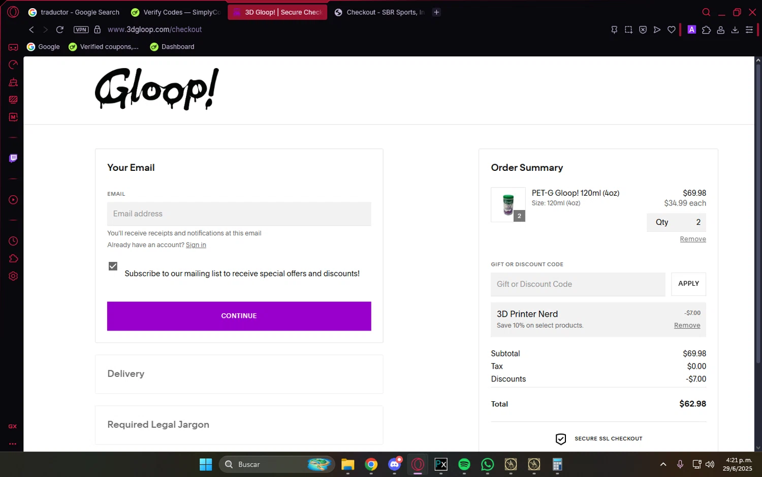 3D Gloop! discount code screenshot showing code 3DPN applied at 3D Gloop! checkout page. Uploaded by SimplyCodes community member PrimeVirtuoso9679 on Jun 29, 2025