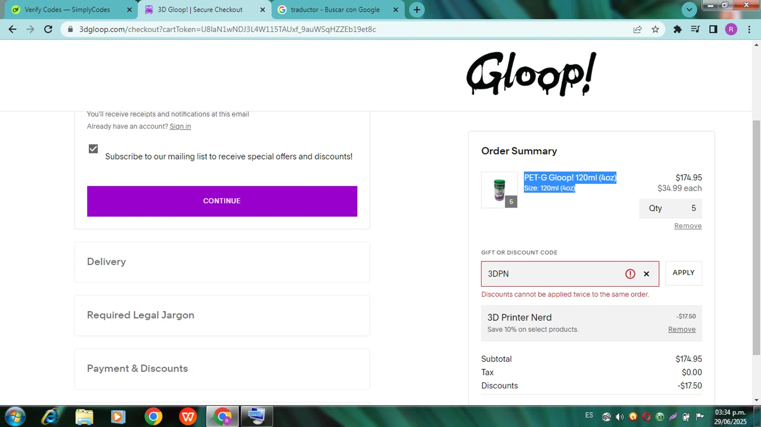 3D Gloop! discount code screenshot showing code 3DPN applied at 3D Gloop! checkout page. Uploaded by SimplyCodes community member zapatoss on Jun 29, 2025