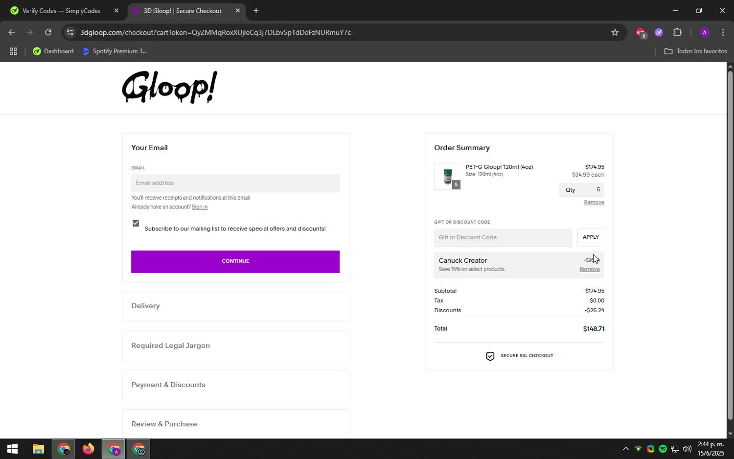 3D Gloop! discount code screenshot showing code CANUCK applied at 3D Gloop! checkout page. Uploaded by SimplyCodes community member DeathBone on Jun 15, 2025
