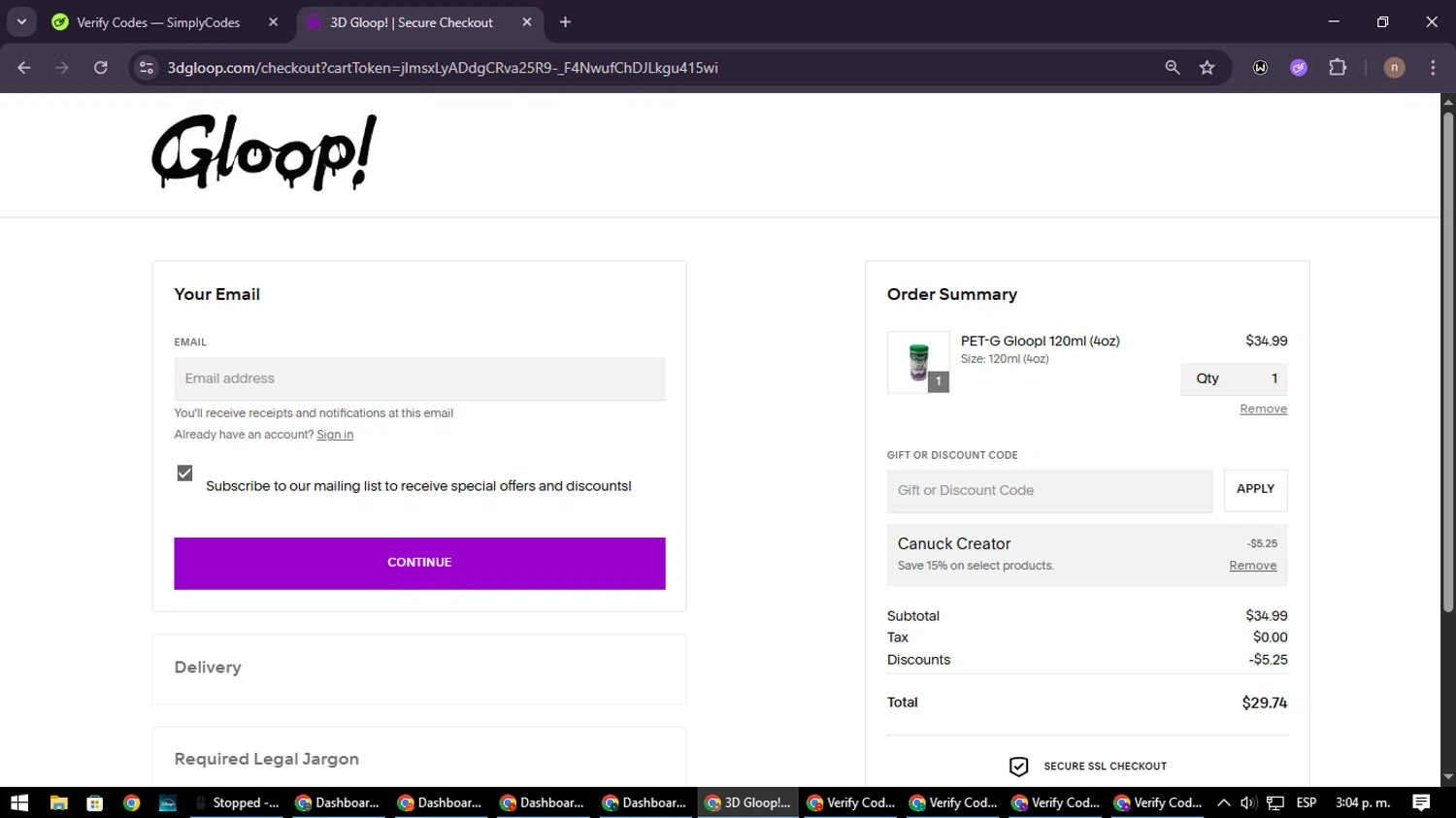3D Gloop! discount code screenshot showing code CANUCK applied at 3D Gloop! checkout page. Uploaded by SimplyCodes community member SmartWarden8713 on Jun 22, 2025