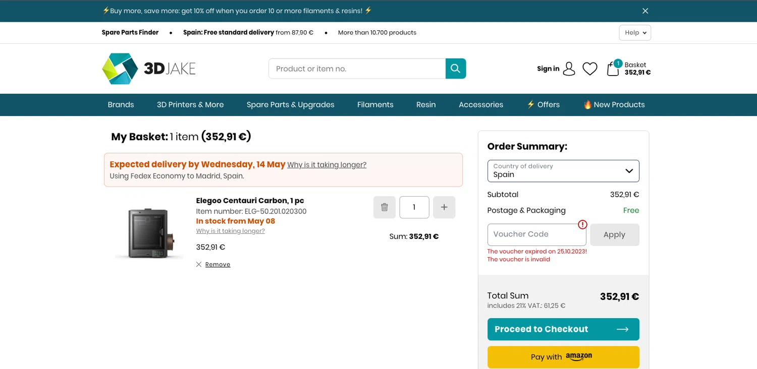 3DJAKE promo code screenshot showing code Shopnow-23 applied at 3DJAKE checkout page. Uploaded by SimplyCodes community member ELOIN777 on Mar 10, 2025