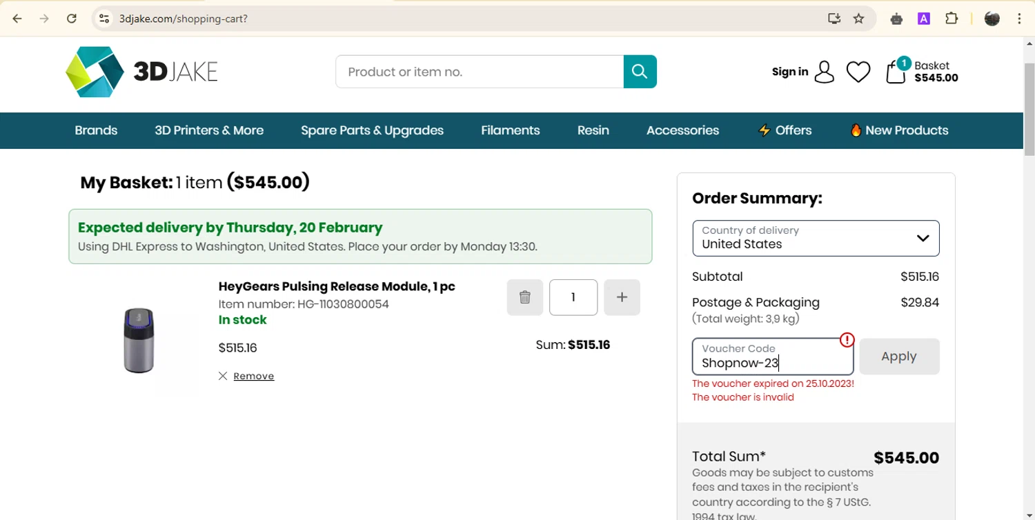 3DJAKE promo code screenshot showing code Shopnow-23 applied at 3DJAKE checkout page. Uploaded by SimplyCodes community member onebullet on Feb 15, 2025