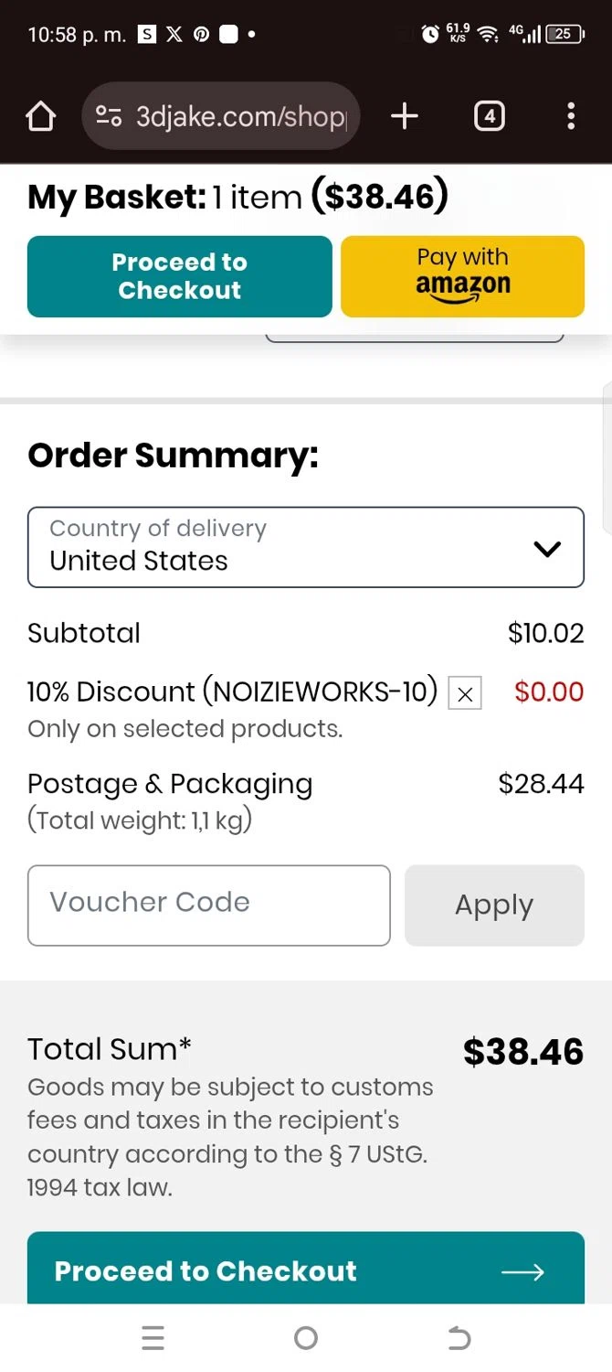 3DJAKE promo code screenshot showing code NOIZIEWORKS-10 applied at 3DJAKE checkout page. Uploaded by SimplyCodes community member kellymoreno on Nov 29, 2025