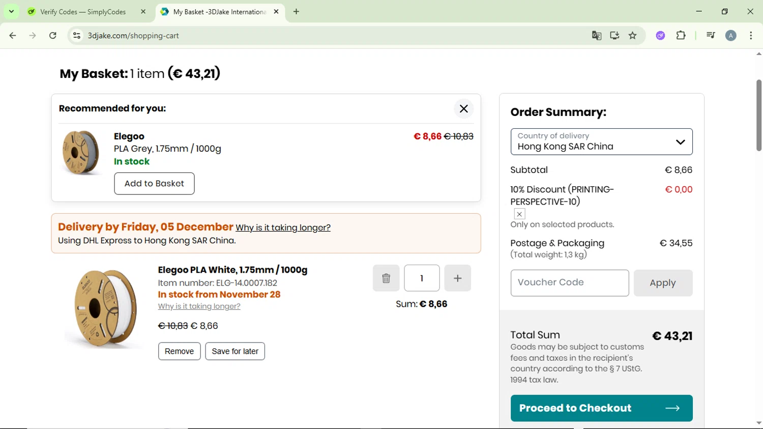 3DJAKE promo code screenshot showing code PRINTING-PERSPECTIVE-10 applied at 3DJAKE checkout page. Uploaded by SimplyCodes community member DiscountVirtuoso6243 on Nov 19, 2025