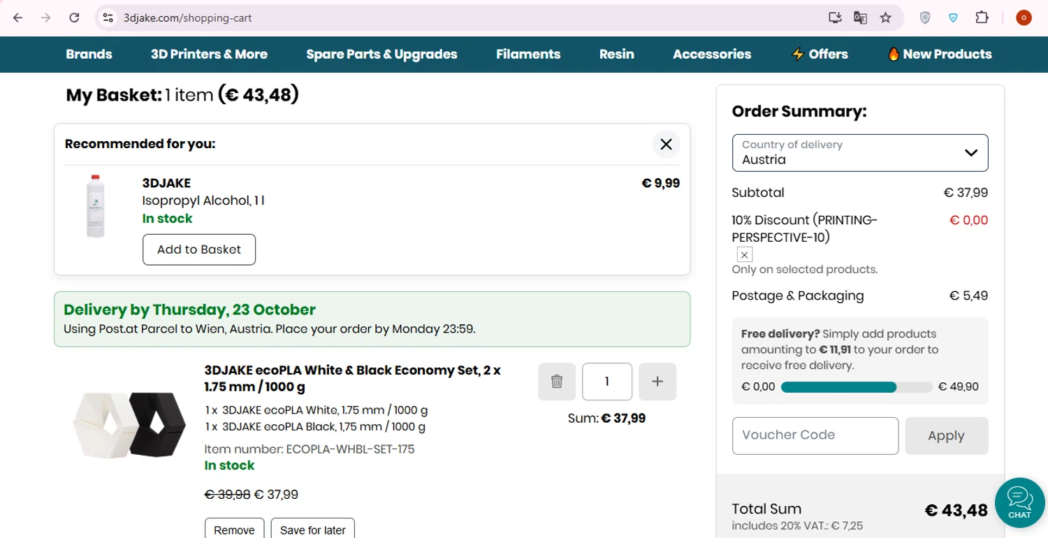 3DJAKE promo code screenshot showing code PRINTING-PERSPECTIVE-10 applied at 3DJAKE checkout page. Uploaded by SimplyCodes community member carol_lameda on Oct 20, 2025