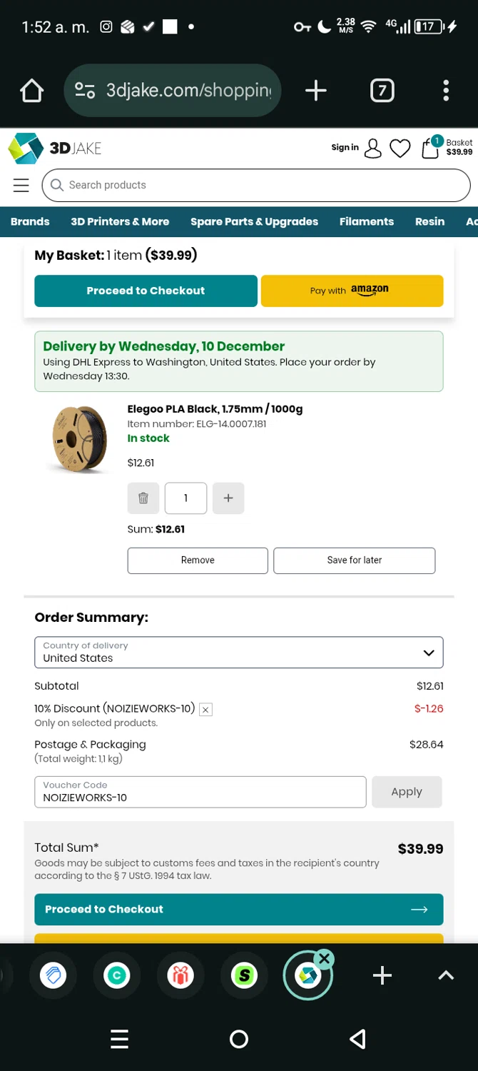 3DJAKE promo code screenshot showing code NOIZIEWORKS-10 applied at 3DJAKE checkout page. Uploaded by SimplyCodes community member Eltoro20 on Dec 2, 2025