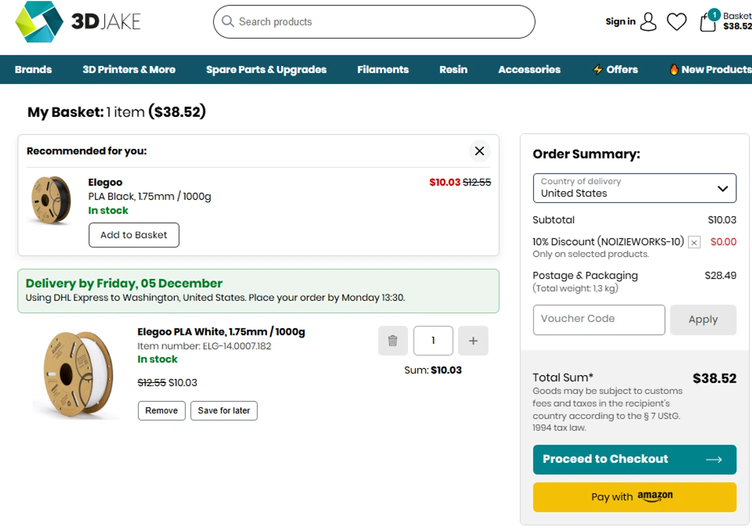 3DJAKE promo code screenshot showing code NOIZIEWORKS-10 applied at 3DJAKE checkout page. Uploaded by SimplyCodes community member ashe1986 on Nov 28, 2025