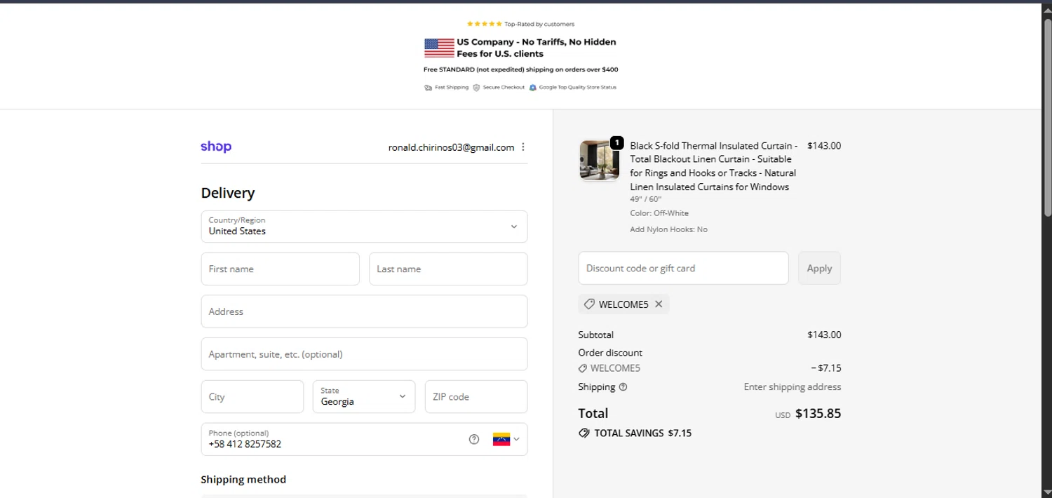 3HLinen discount code screenshot showing code WELCOME5 applied at 3HLinen checkout page. Uploaded by SimplyCodes community member CrownAce9258 on Jan 29, 2026