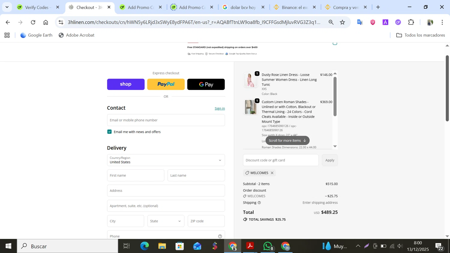 3HLinen discount code screenshot showing code WELCOME5 applied at 3HLinen checkout page. Uploaded by SimplyCodes community member NobleMonarch5837 on Dec 13, 2025