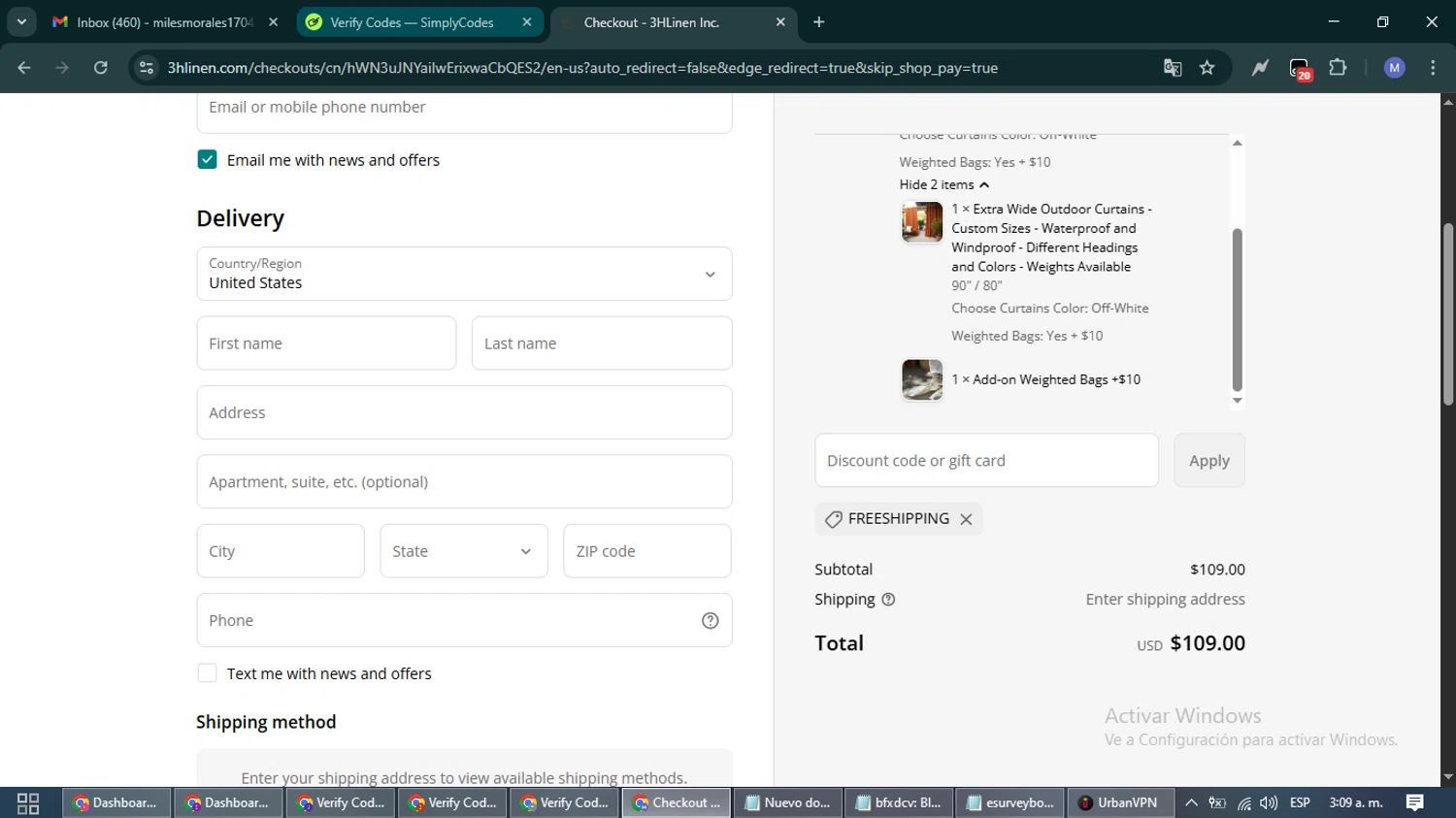 3HLinen discount code screenshot showing code FREESHIPPING applied at 3HLinen checkout page. Uploaded by SimplyCodes community member PrimeFox5260 on Oct 9, 2025